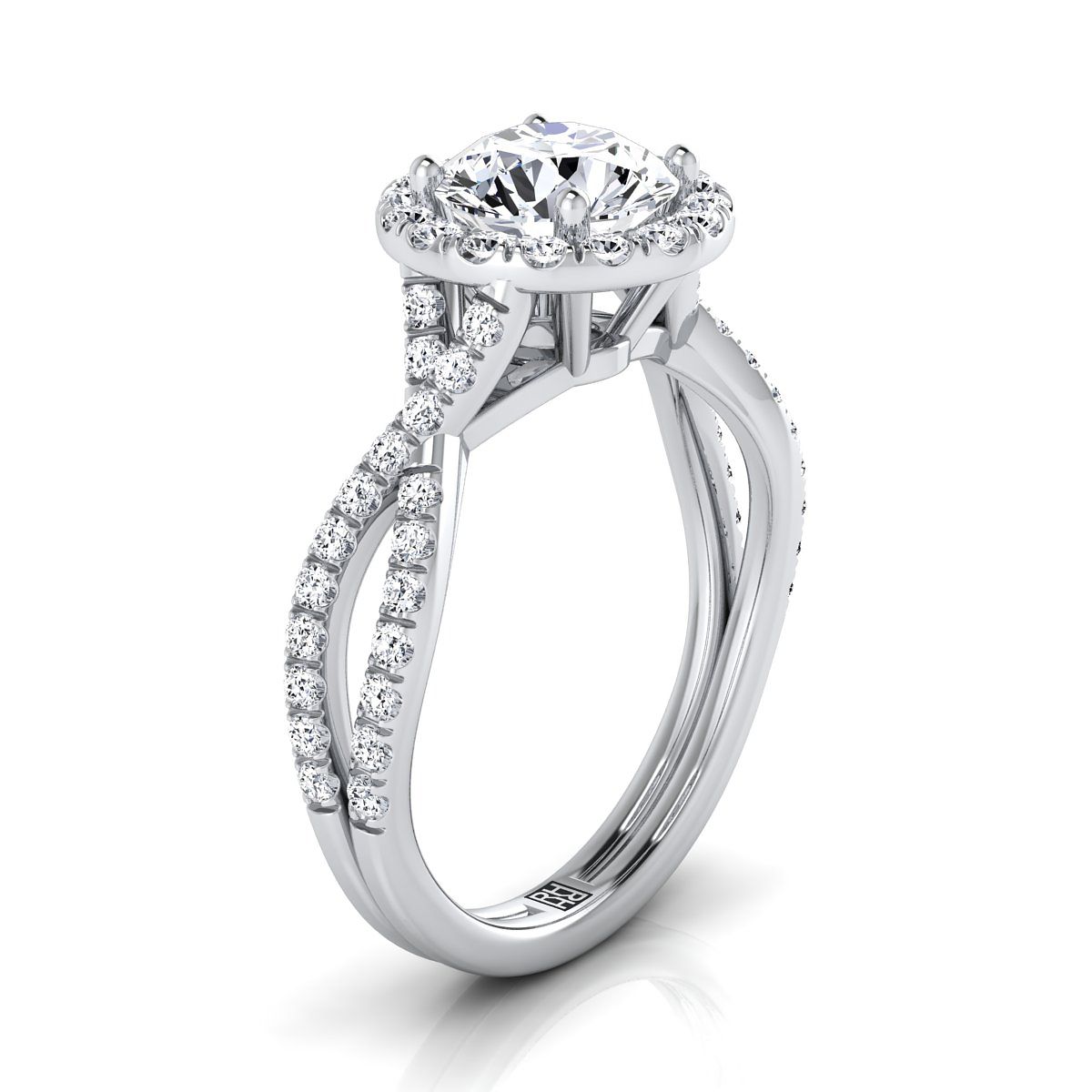 18K White Gold Round Brilliant Diamond Twisted Scalloped Pavé Halo Center Engagement Ring -1/2ctw