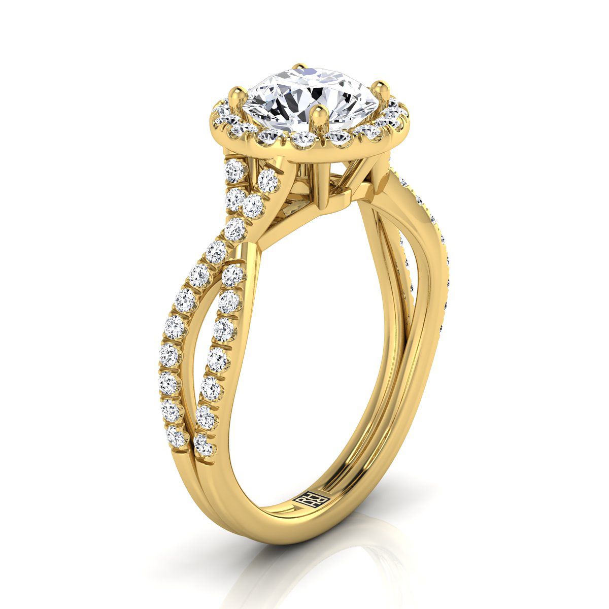 14K สีเหลืองทองรอบ Brilliant Diamond Twisted Scalloped Pavé Halo Center แหวนหมั้น -1/2ctw