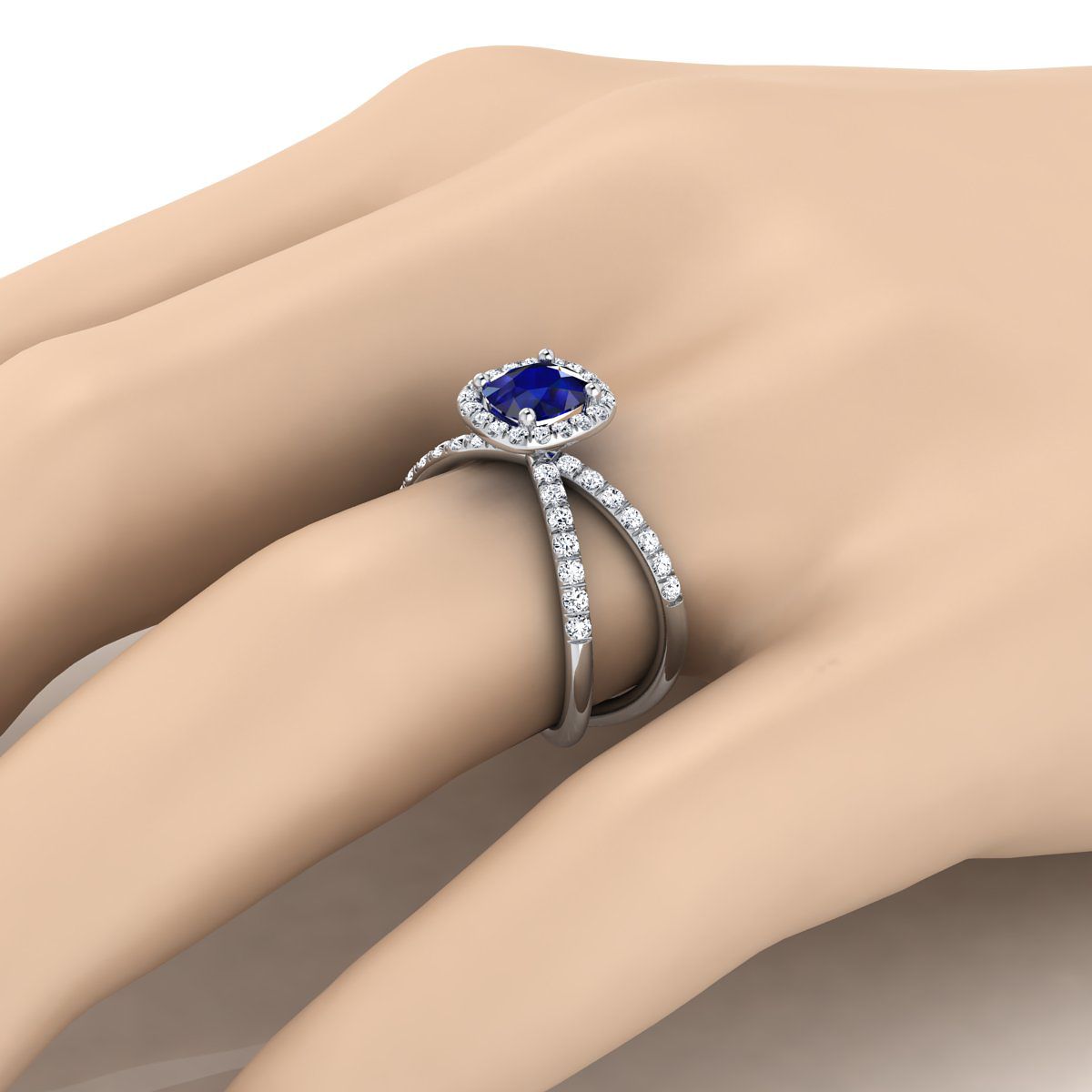 Platinum Cushion Sapphire Open Criss Cross French Pave Diamond Engagement Ring -1/2ctw