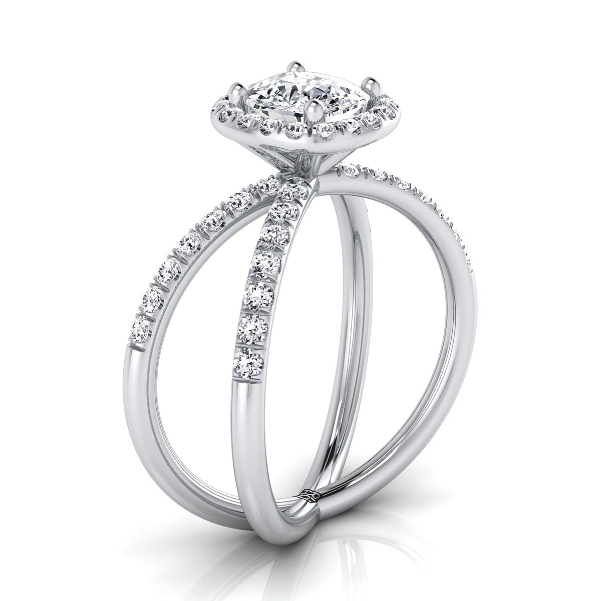 แหวนหมั้นเพชร 14K White Gold Cushion Diamond Open Criss Cross French Pave -1/2ctw