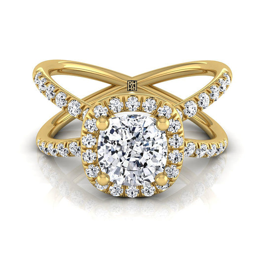 14K Yellow Gold Cushion Diamond Open Criss Cross French Pave Engagement Ring -1/2ctw