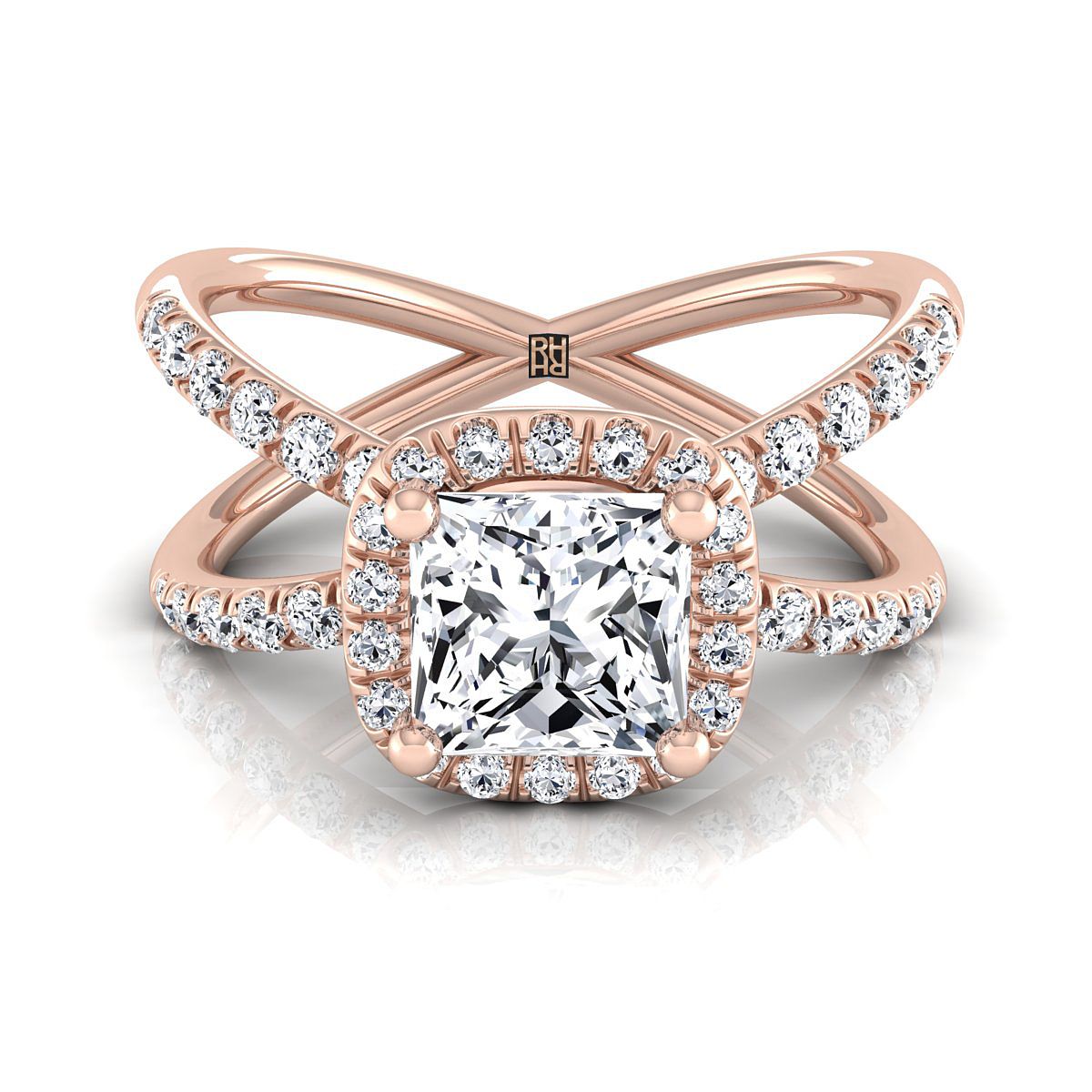 แหวนหมั้นเพชร 14K Rose Gold Princess Cut แบบเปิด Criss Cross French Pave -1/2ctw