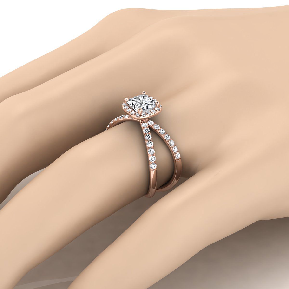 แหวนหมั้นเพชร 14K Rose Gold Princess Cut แบบเปิด Criss Cross French Pave -1/2ctw