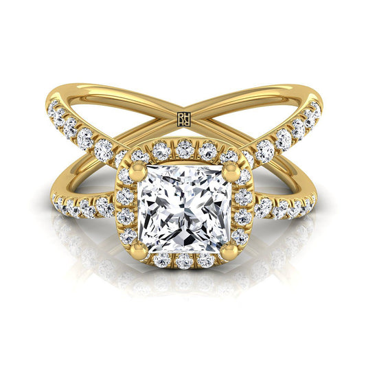 แหวนหมั้นเพชร 18K Yellow Gold Princess Cut แบบเปิด Criss Cross French Pave -1/2ctw