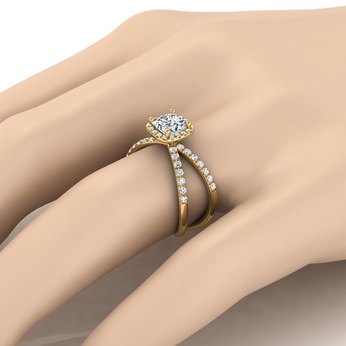 แหวนหมั้นเพชร 14K Yellow Gold Princess Cut แบบเปิด Criss Cross French Pave -1/2ctw