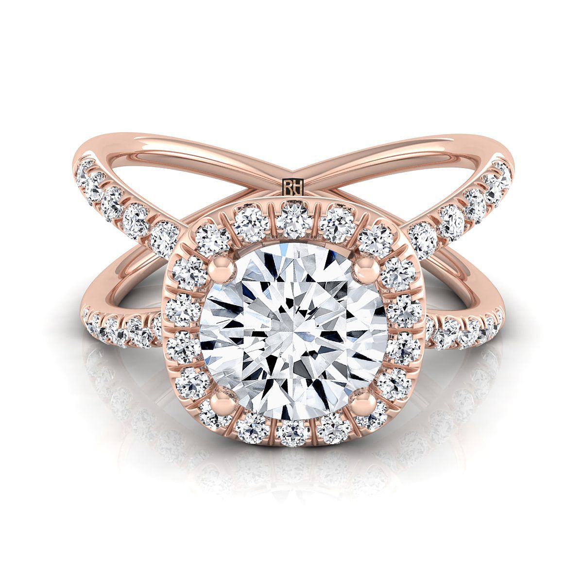 14K Rose Gold Round Brilliant Diamond Open Criss Cross French Pave Engagement Ring -1/2ctw