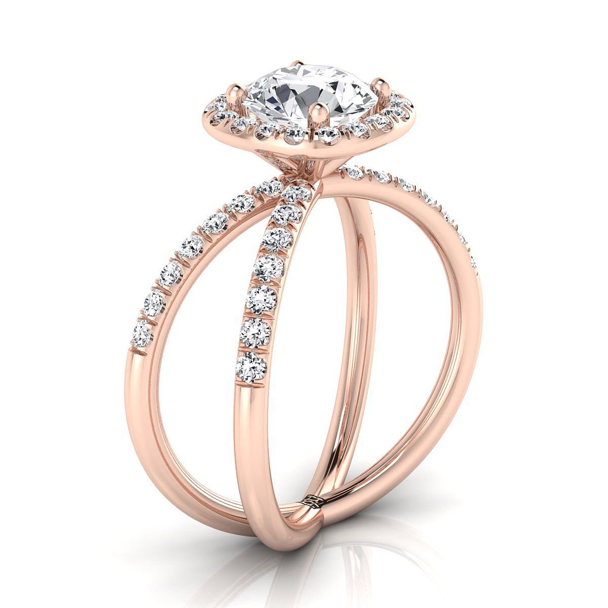 14K Rose Gold Round Brilliant Diamond Open Criss Cross French Pave Engagement Ring -1/2ctw