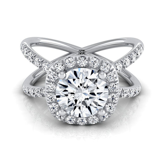 Platinum Round Brilliant Diamond Open Criss Cross French Pave Engagement Ring -1/2ctw