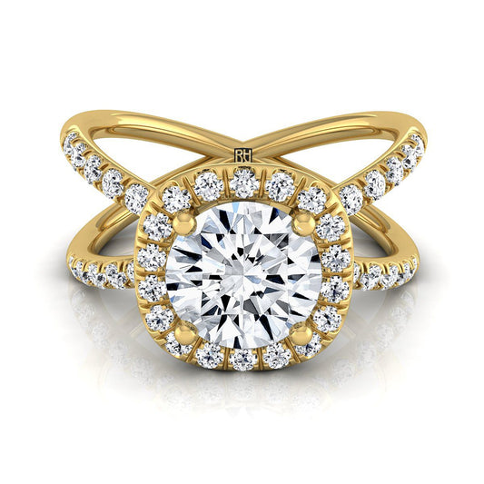 14K Yellow Gold Round Brilliant Diamond Open Criss Cross French Pave Engagement Ring -1/2ctw