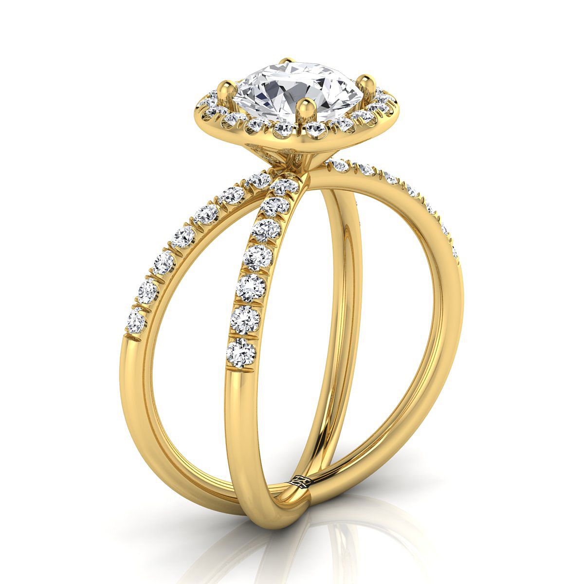 14K Yellow Gold Round Brilliant Diamond Open Criss Cross French Pave Engagement Ring -1/2ctw