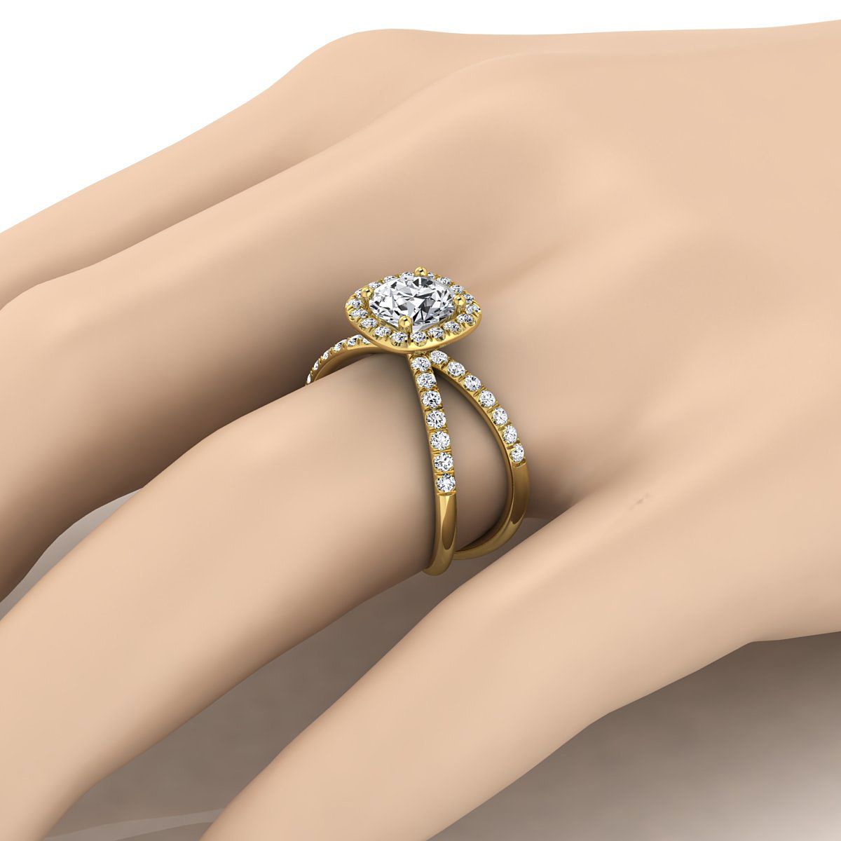 14K Yellow Gold Round Brilliant Diamond Open Criss Cross French Pave Engagement Ring -1/2ctw