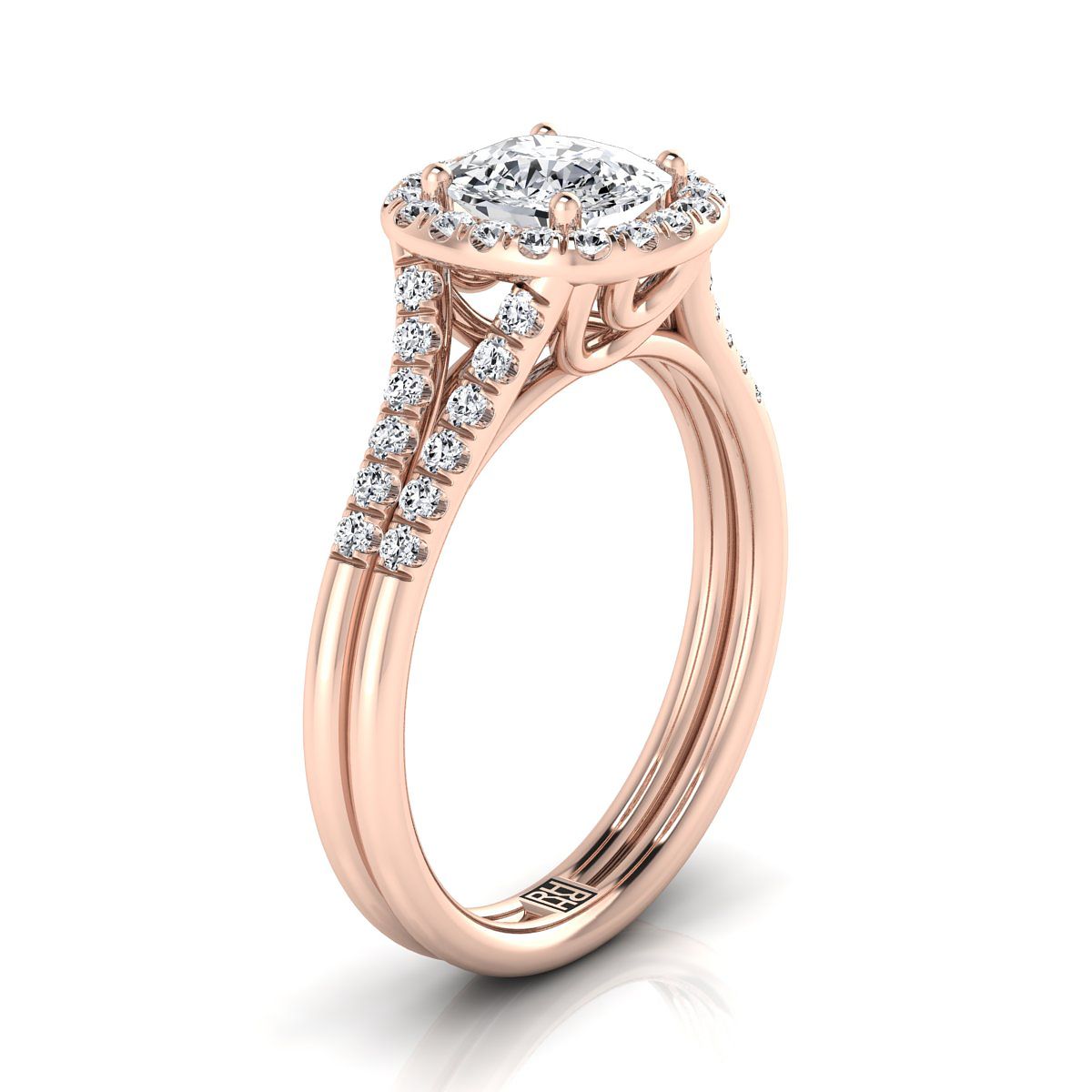 แหวนหมั้น Halo 14K Rose Gold Cushion French Pave Split Shank -3/8ctw