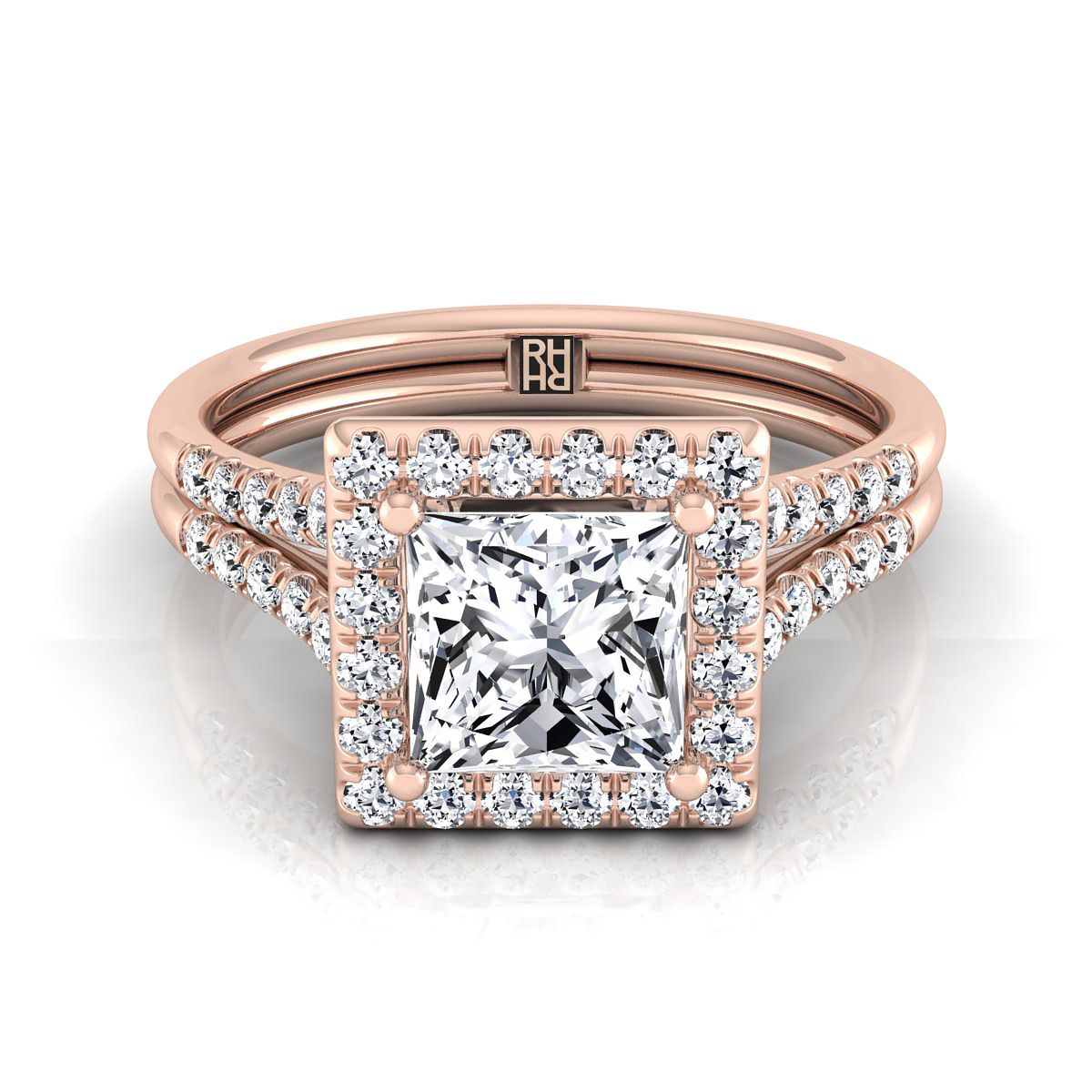 แหวนหมั้น 14K Rose Gold Princess Cut French Pave Split Shank Halo -3/8ctw