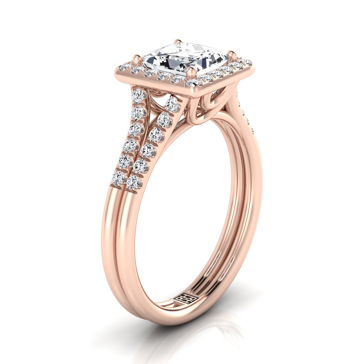 แหวนหมั้น 14K Rose Gold Princess Cut French Pave Split Shank Halo -3/8ctw