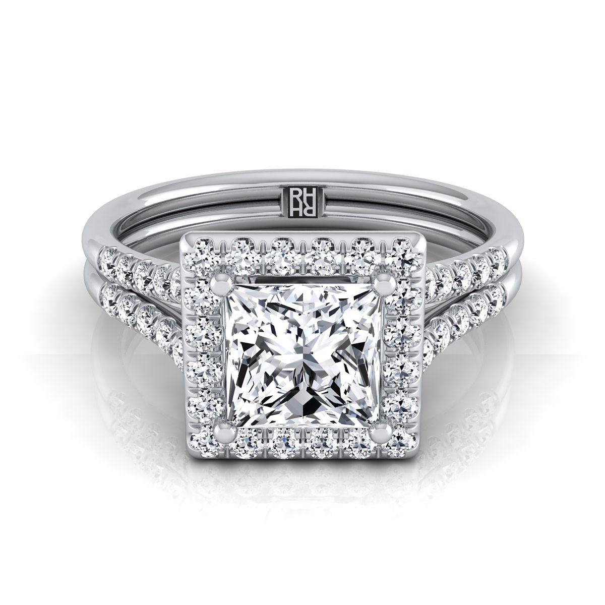 แหวนหมั้น Platinum Princess Cut French Pave Split Shank Halo -3/8ctw