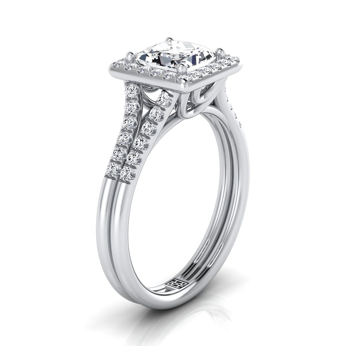 แหวนหมั้นทองคำขาว 14K Princess Cut French Pave Split Shank Halo -3/8ctw