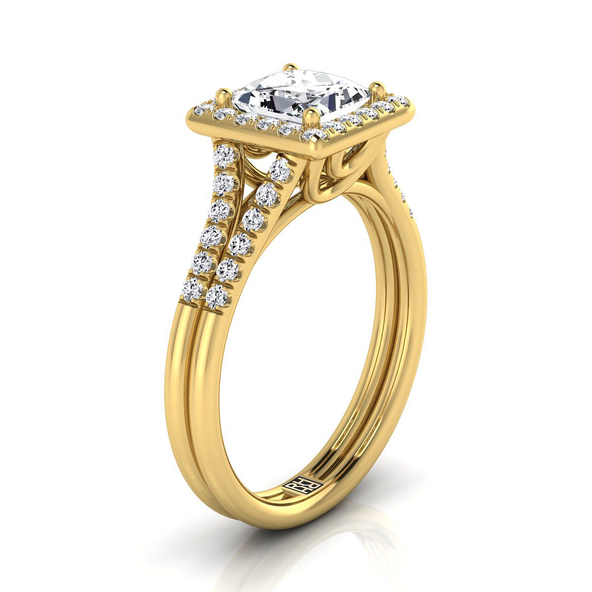 แหวนหมั้นเพชร 14K Yellow Gold Princess Cut French Pave Split Shank Halo -3/8ctw