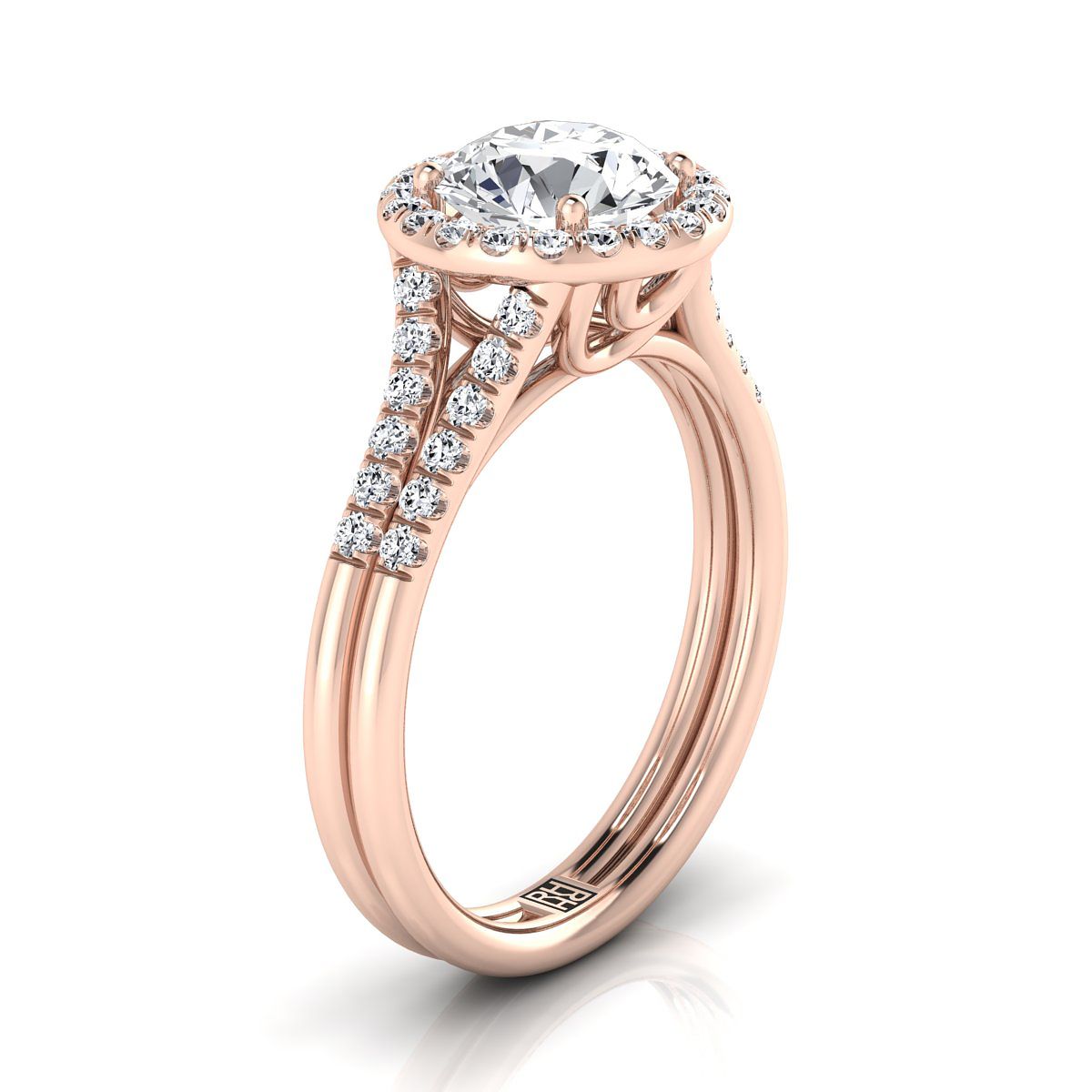 แหวนหมั้น 14K Rose Gold Round Brilliant French Pave Split Shank Halo -3/8ctw