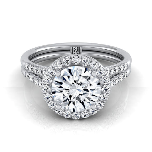 Platinum Round Brilliant French Pave Split Shank Halo Engagement Ring -3/8ctw