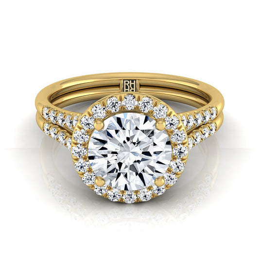 14K Yellow Gold Round Brilliant French Pave Split Shank Halo Engagement Ring -3/8ctw