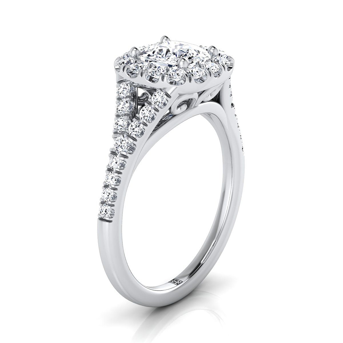 แหวนหมั้นเพชร 18K White Gold Cushion Diamond Simple Prong Halo Split Shank -1/2ctw