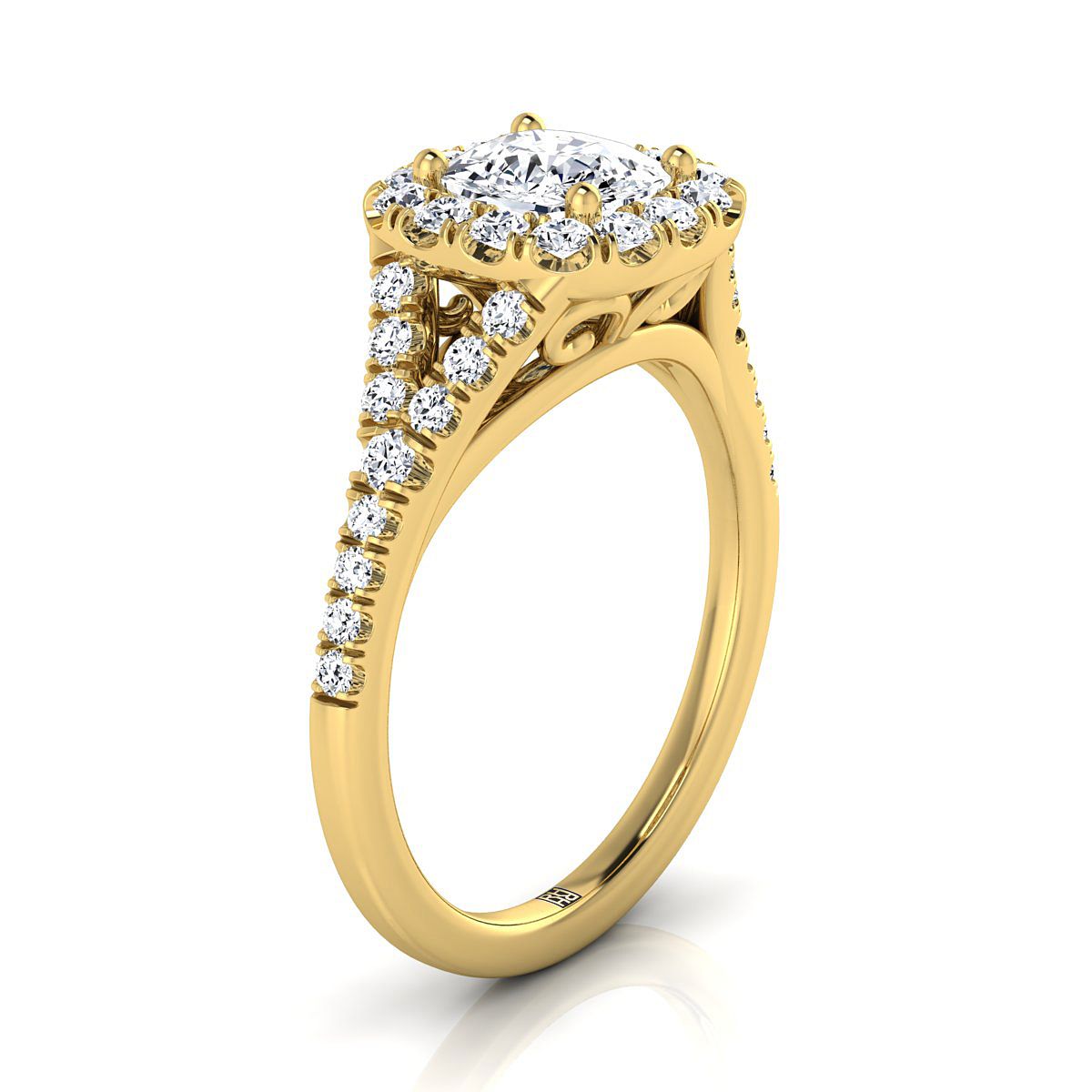 18K Yellow Gold Cushion Diamond Simple Prong Halo Split Shank Engagement Ring -1/2ctw