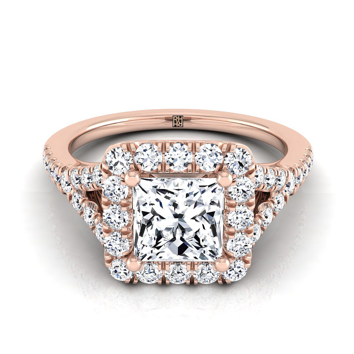 14K Rose Gold Princess Cut Diamond Simple Prong Halo Split Shank Engagement Ring -1/2ctw