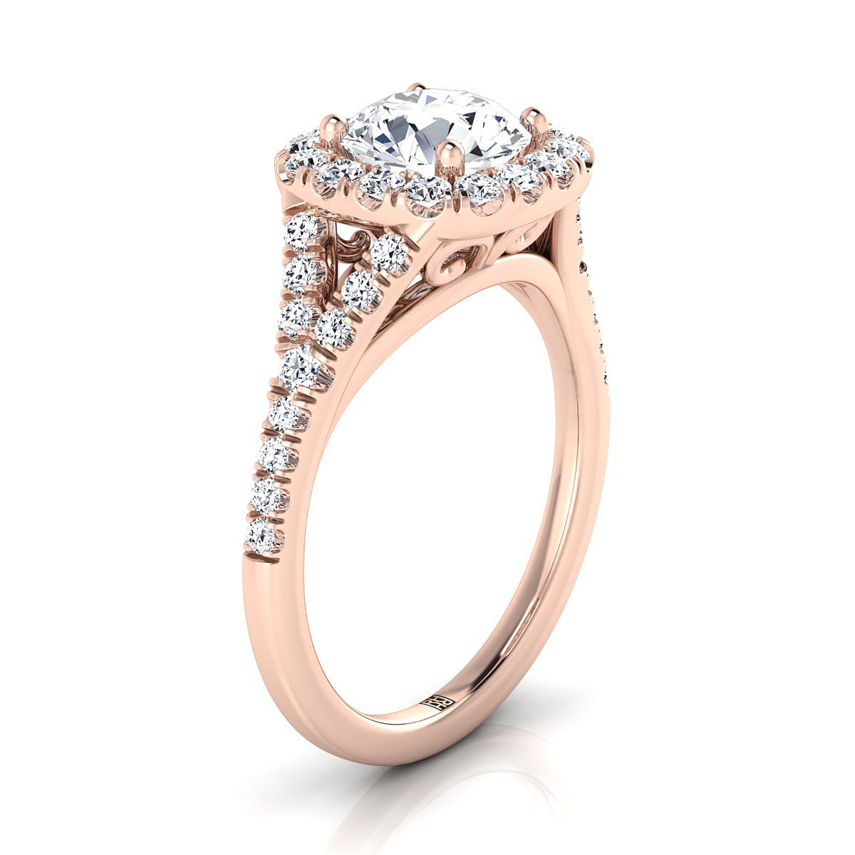 14K Rose Gold Round Brilliant Diamond Simple Prong Halo Split Shank Engagement Ring -1/2ctw