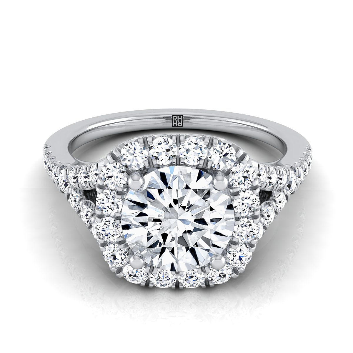 14K White Gold Round Brilliant Diamond Simple Prong Halo Split Shank Engagement Ring -1/2ctw