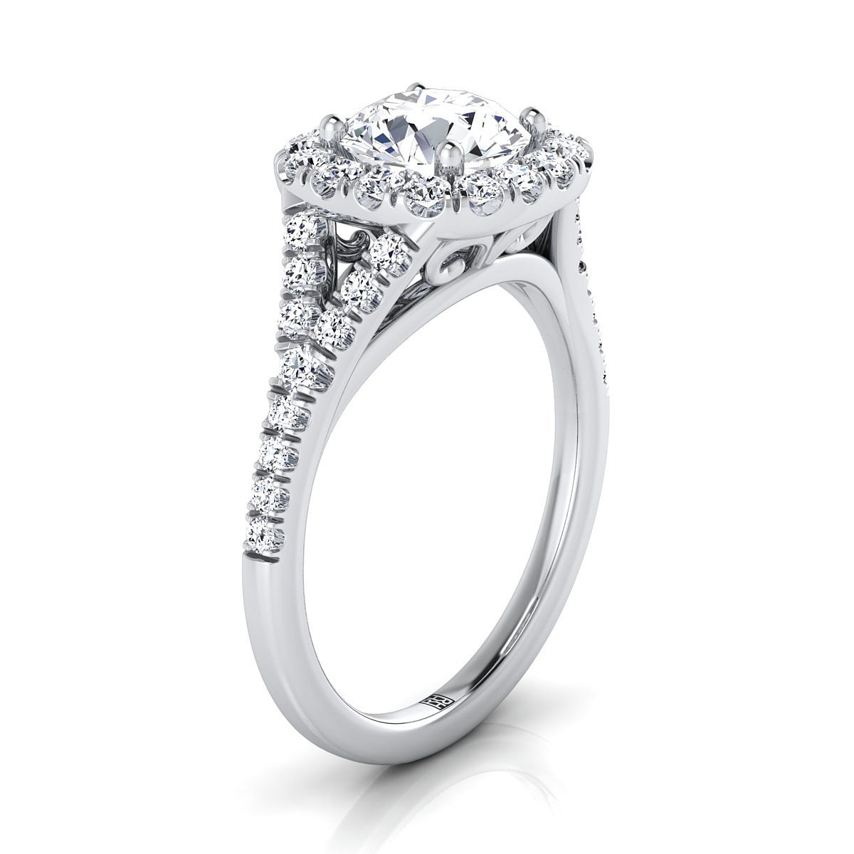 14K White Gold Round Brilliant Diamond Simple Prong Halo Split Shank Engagement Ring -1/2ctw