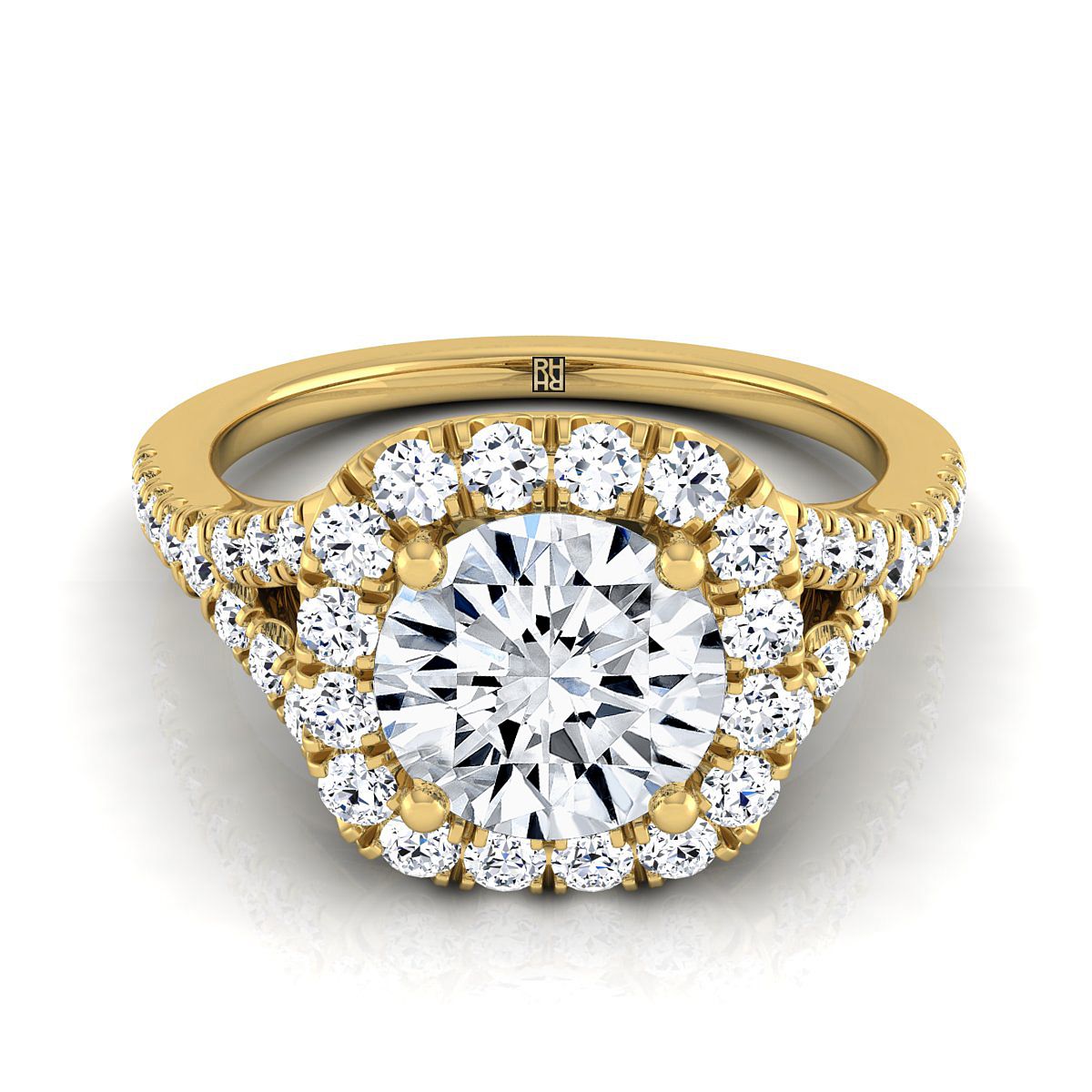 14K Yellow Gold Round Brilliant Diamond Simple Prong Halo Split Shank Engagement Ring -1/2ctw