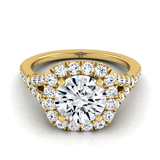 14K Yellow Gold Round Brilliant Diamond Simple Prong Halo Split Shank Engagement Ring -1/2ctw