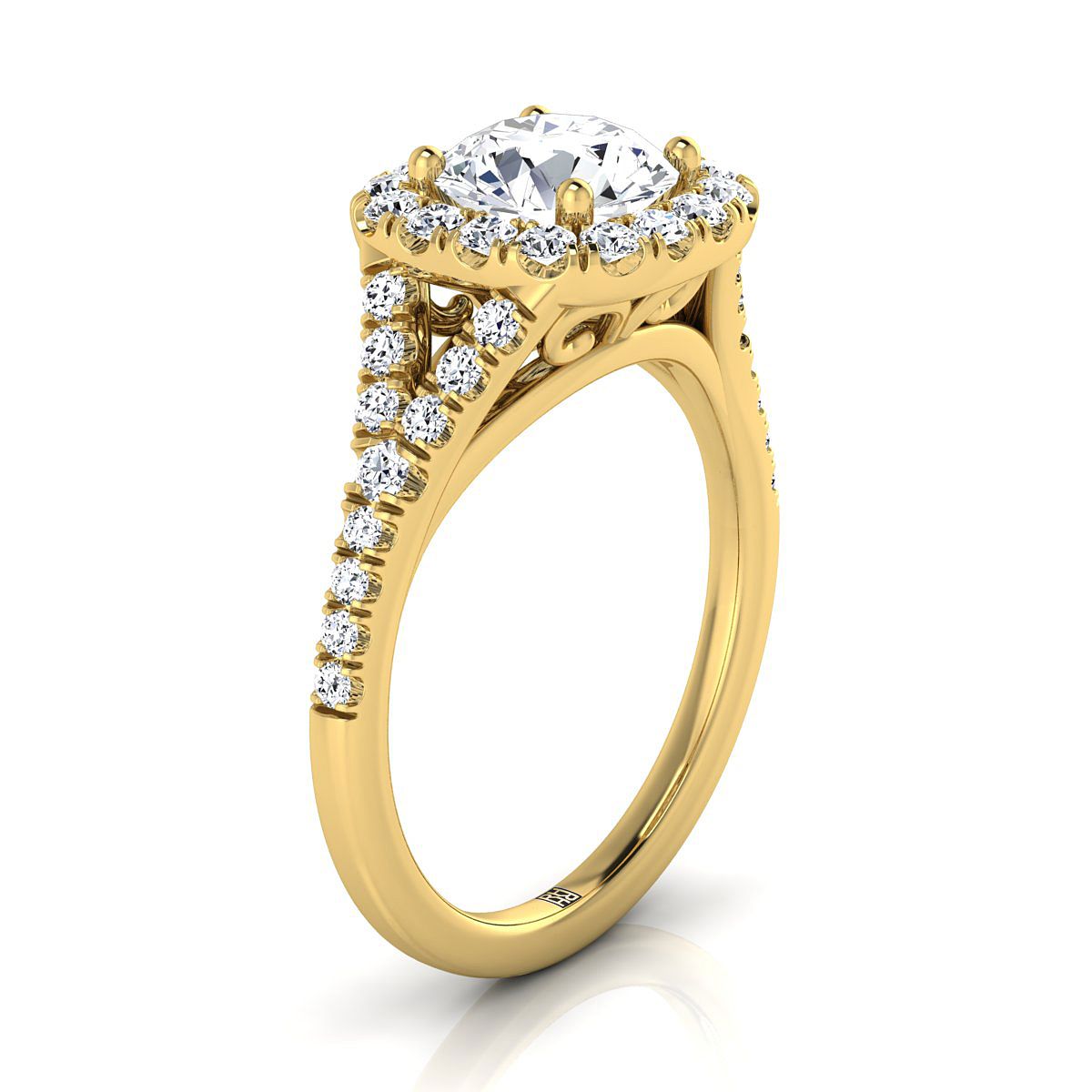 14K Yellow Gold Round Brilliant Diamond Simple Prong Halo Split Shank Engagement Ring -1/2ctw