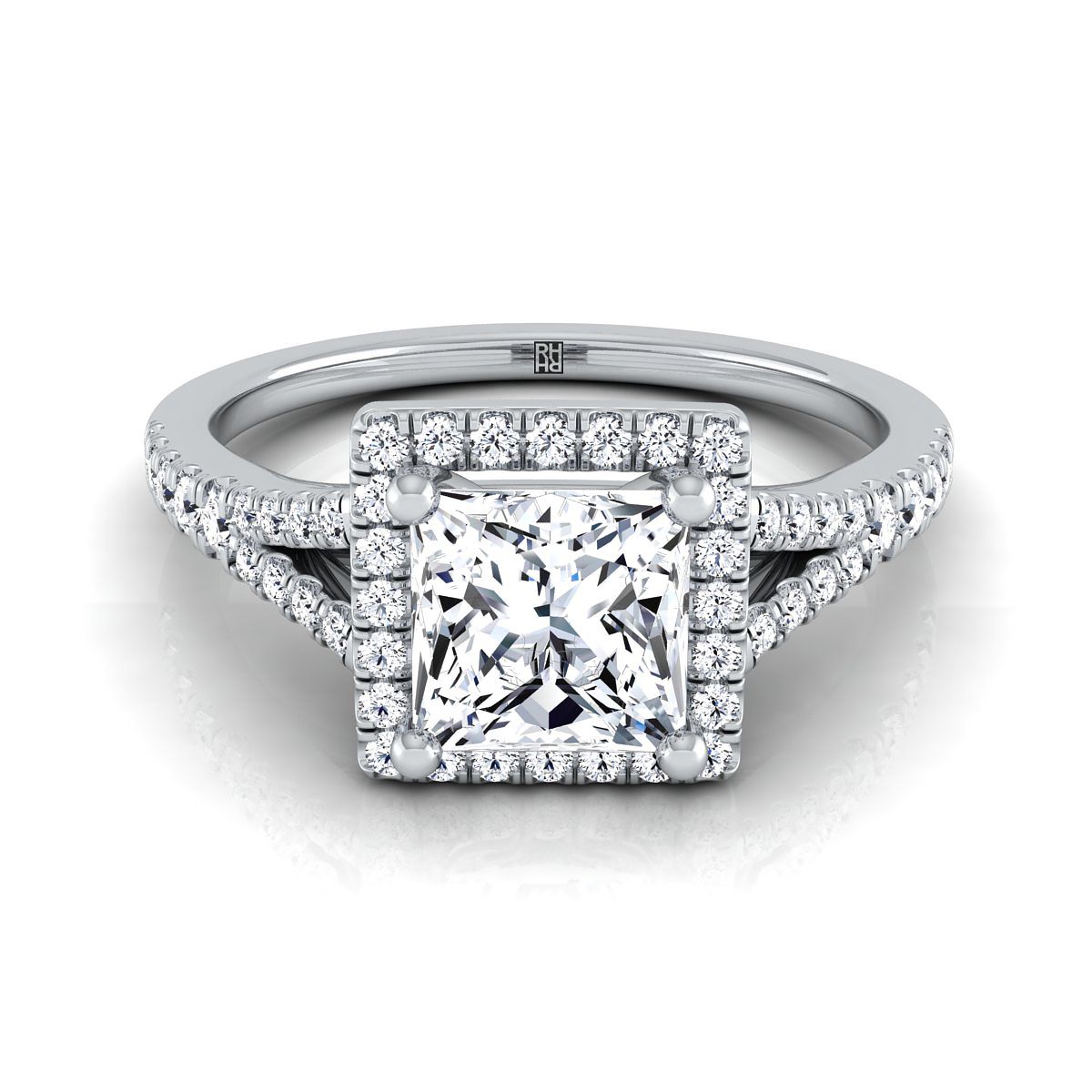 18K White Gold Princess Cut French Pave Split Shank Halo Engagement Ring -1/4ctw