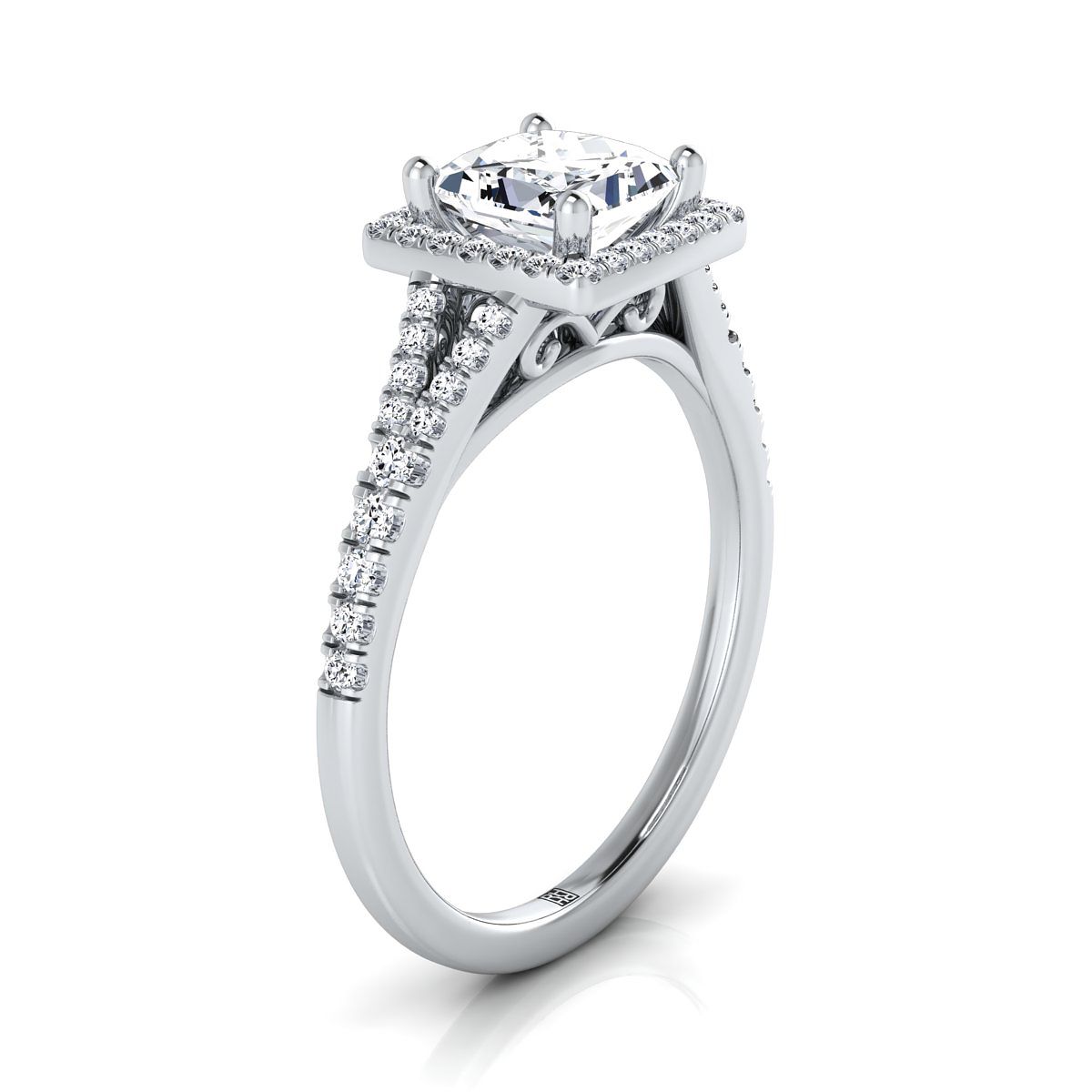 แหวนหมั้น Platinum Princess Cut French Pave Split Shank Halo -1/4ctw