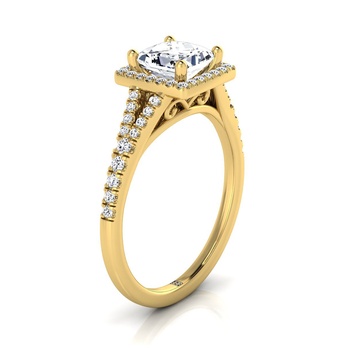 แหวนหมั้นเพชร 14K Yellow Gold Princess Cut French Pave Split Shank Halo -1/4ctw