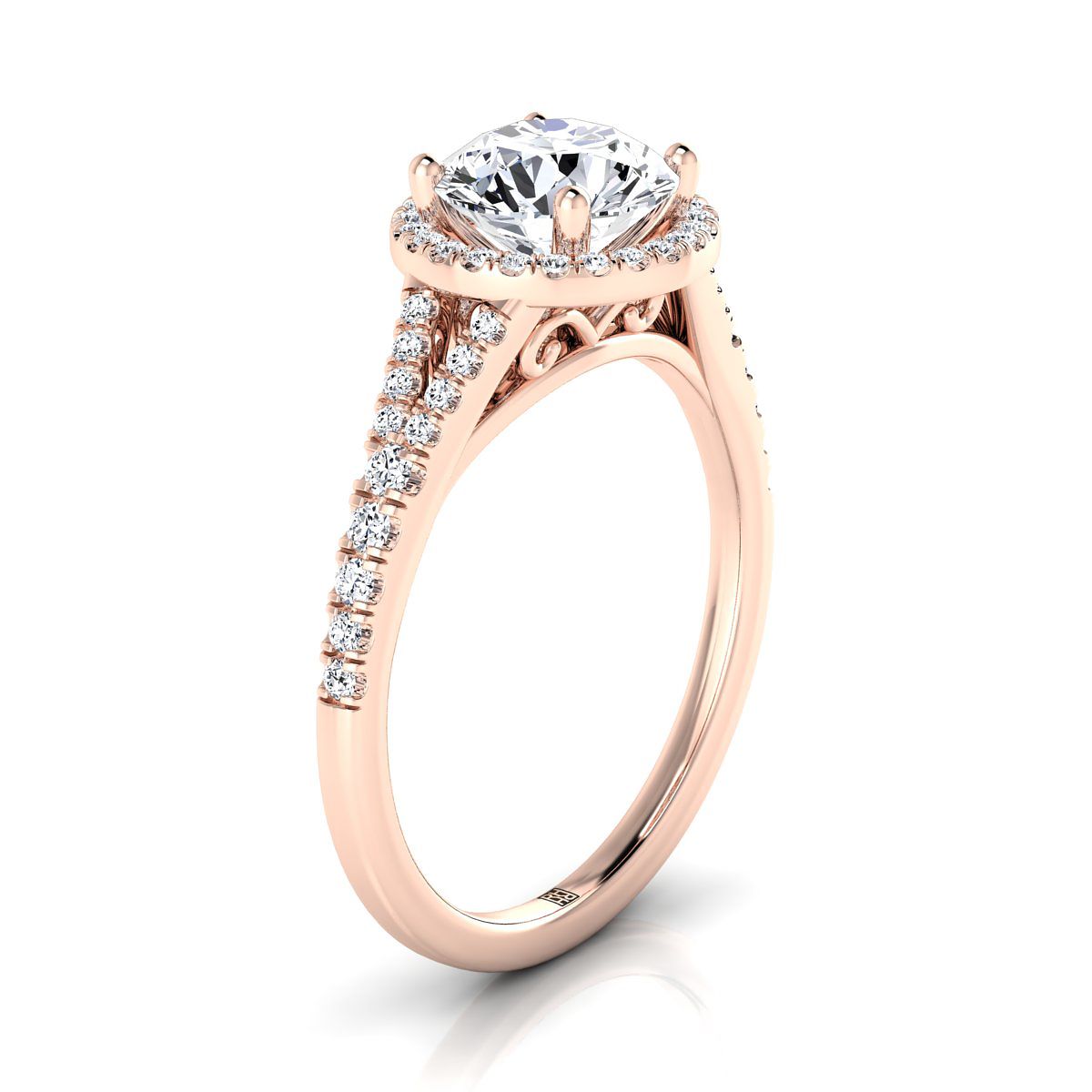 14K Rose Gold Round Brilliant French Pave Split Shank Halo Engagement Ring -1/4ctw