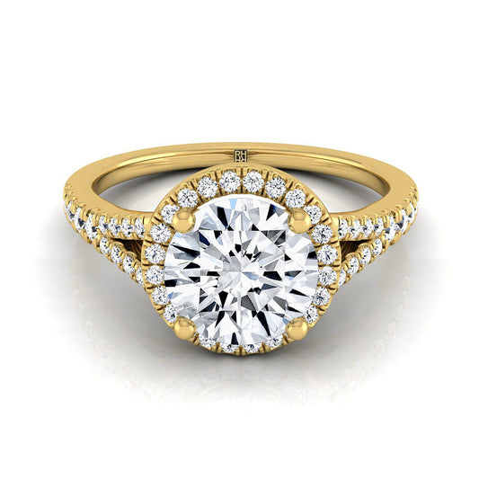 14K Yellow Gold Round Brilliant French Pave Split Shank Halo Engagement Ring -1/4ctw