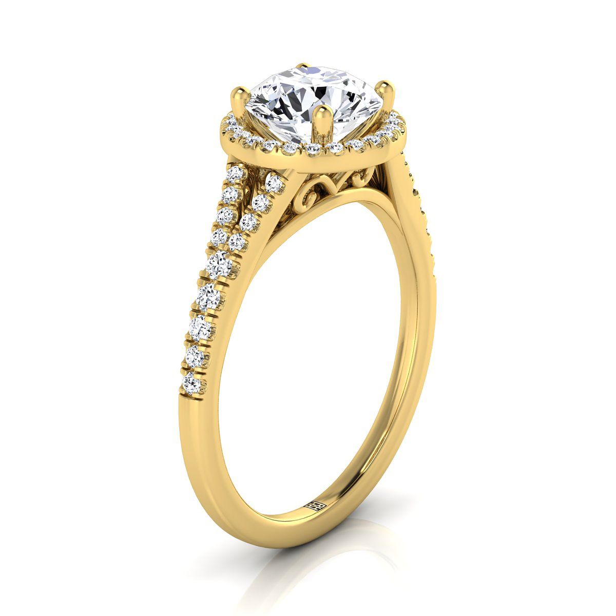 18K Yellow Gold Round Brilliant French Pave Split Shank Halo Engagement Ring -1/4ctw