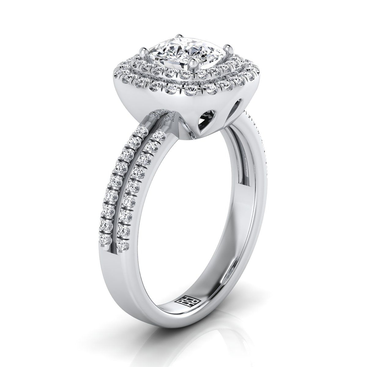 แหวนหมั้นเพชร 18K White Gold Cushion Linear Double Row Halo Diamond -3/8ctw