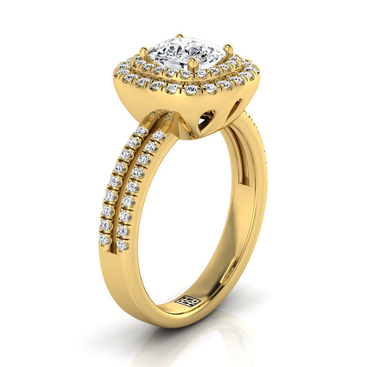 แหวนหมั้นเพชร Halo Diamond 18K Yellow Gold Cushion Linear Double Row -3/8ctw