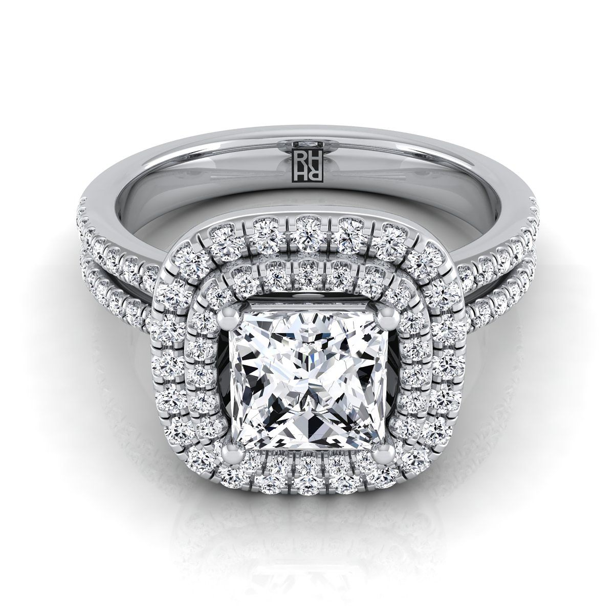18K White Gold Princess Cut Linear Double Row Halo Diamond Engagement Ring -3/8ctw