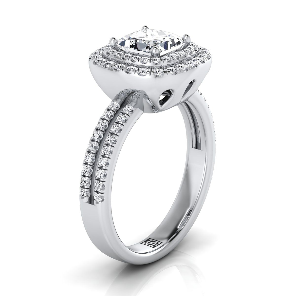 แหวนหมั้นเพชร 14K White Gold Princess Cut Linear Double Row Halo Diamond -3/8ctw