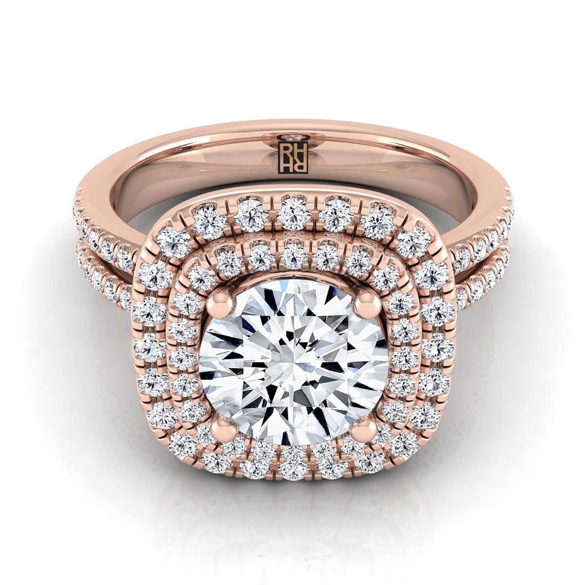 14K Rose Gold Round Brilliant Linear Double Row Halo Diamond Engagement Ring -3/8ctw