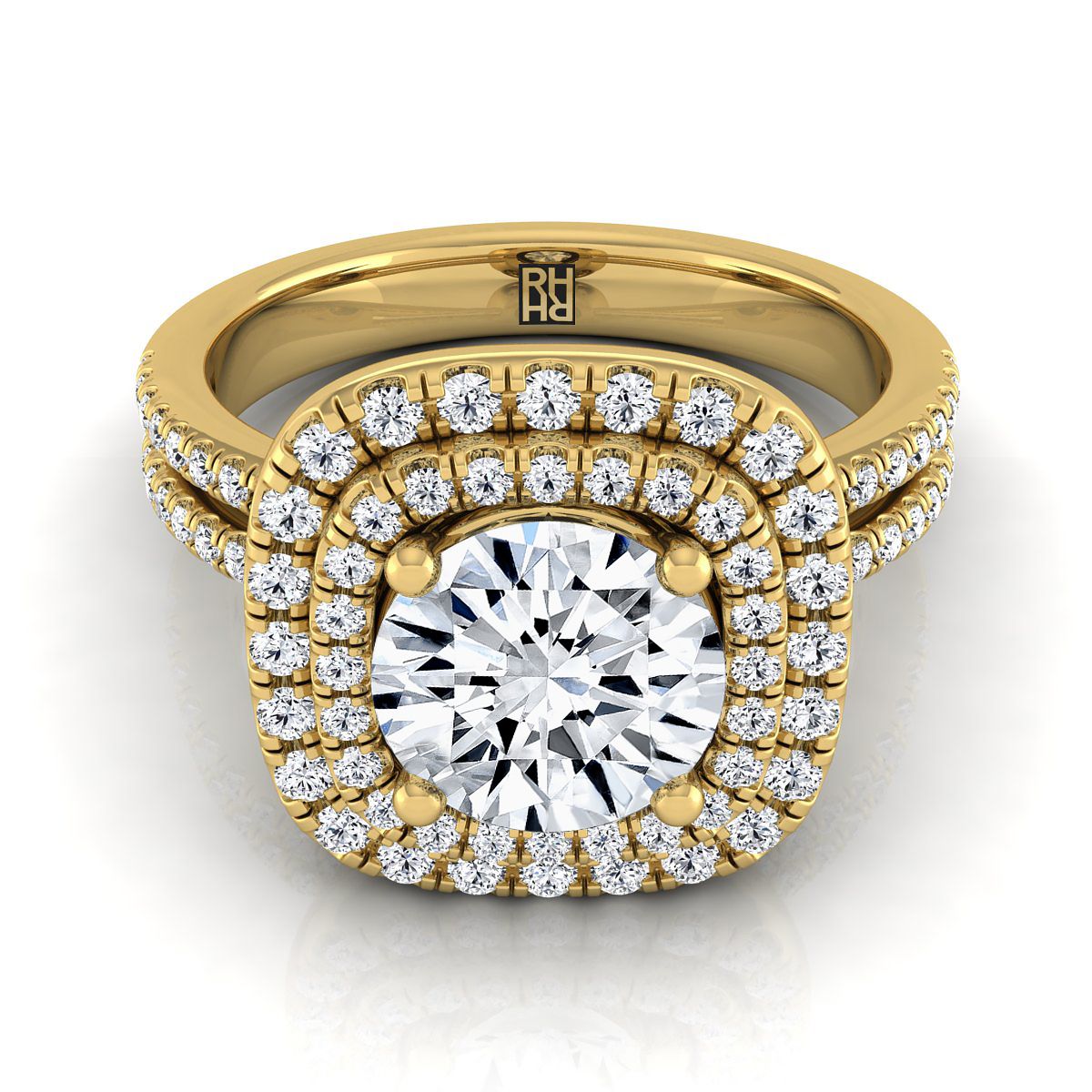 14K Yellow Gold Round Brilliant Linear Double Row Halo Diamond Engagement Ring -3/8ctw. (เพชรแท้)