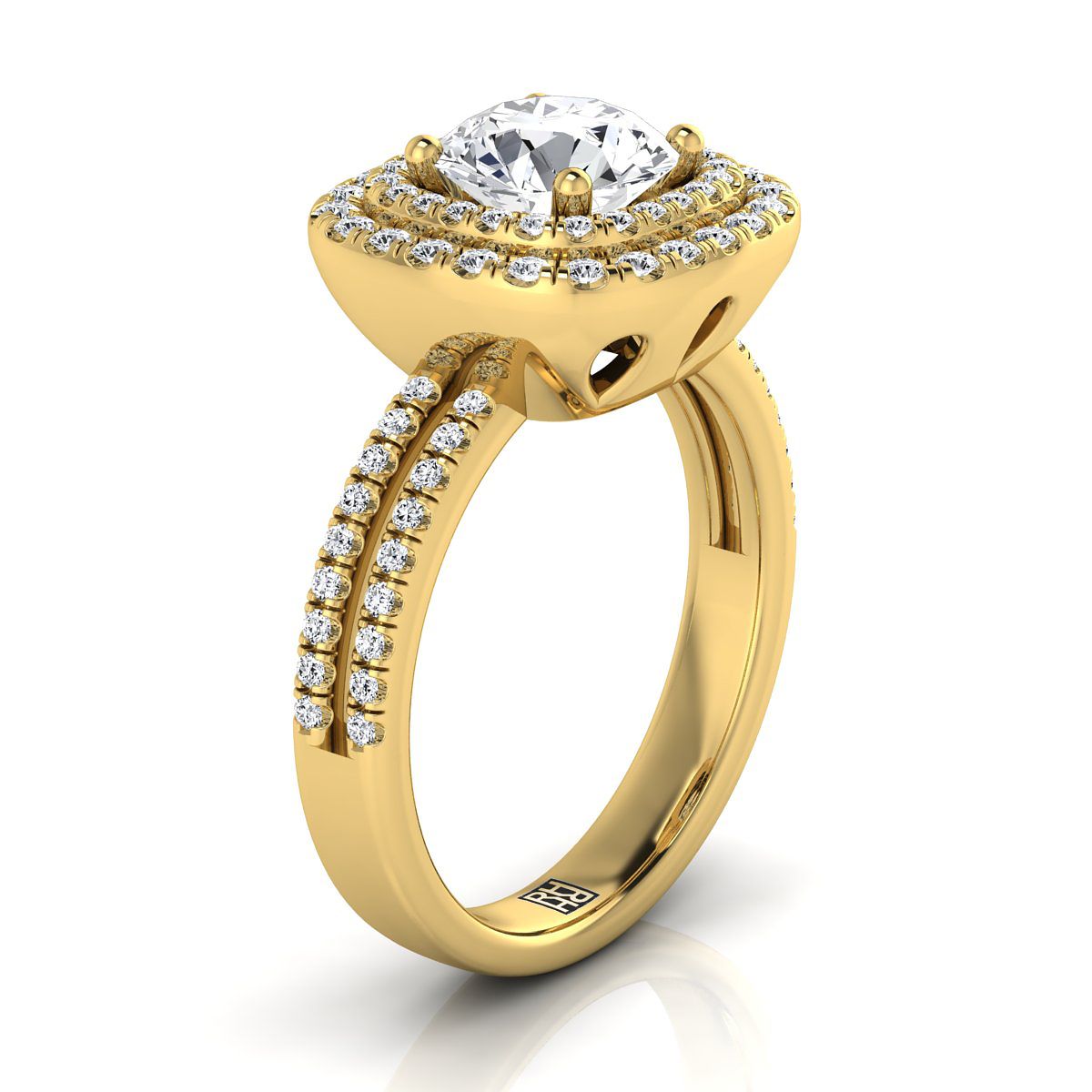 14K Yellow Gold Round Brilliant Linear Double Row Halo Diamond Engagement Ring -3/8ctw. (เพชรแท้)