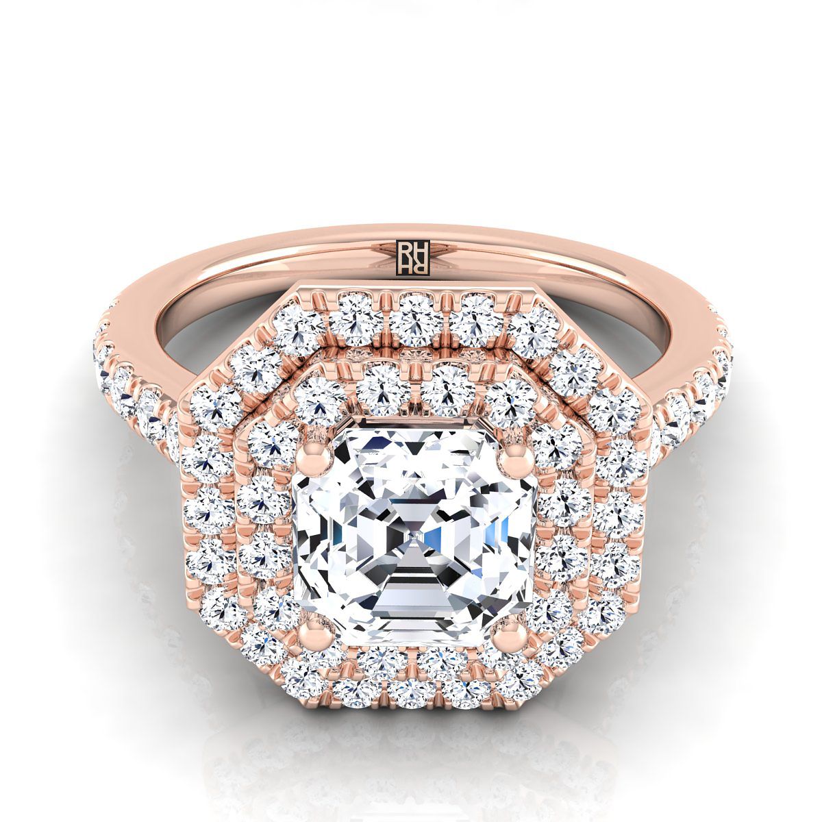 14K Rose Gold Asscher Cut Double Pave Halo พร้อมแหวนหมั้นเพชรเชิงเส้น -7/8ctw