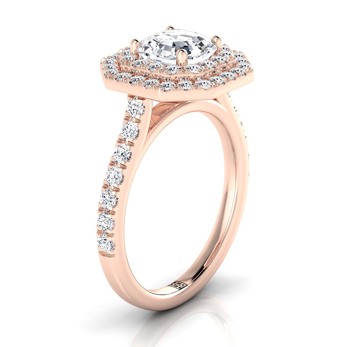 14K Rose Gold Asscher Cut Double Pave Halo พร้อมแหวนหมั้นเพชรเชิงเส้น -7/8ctw