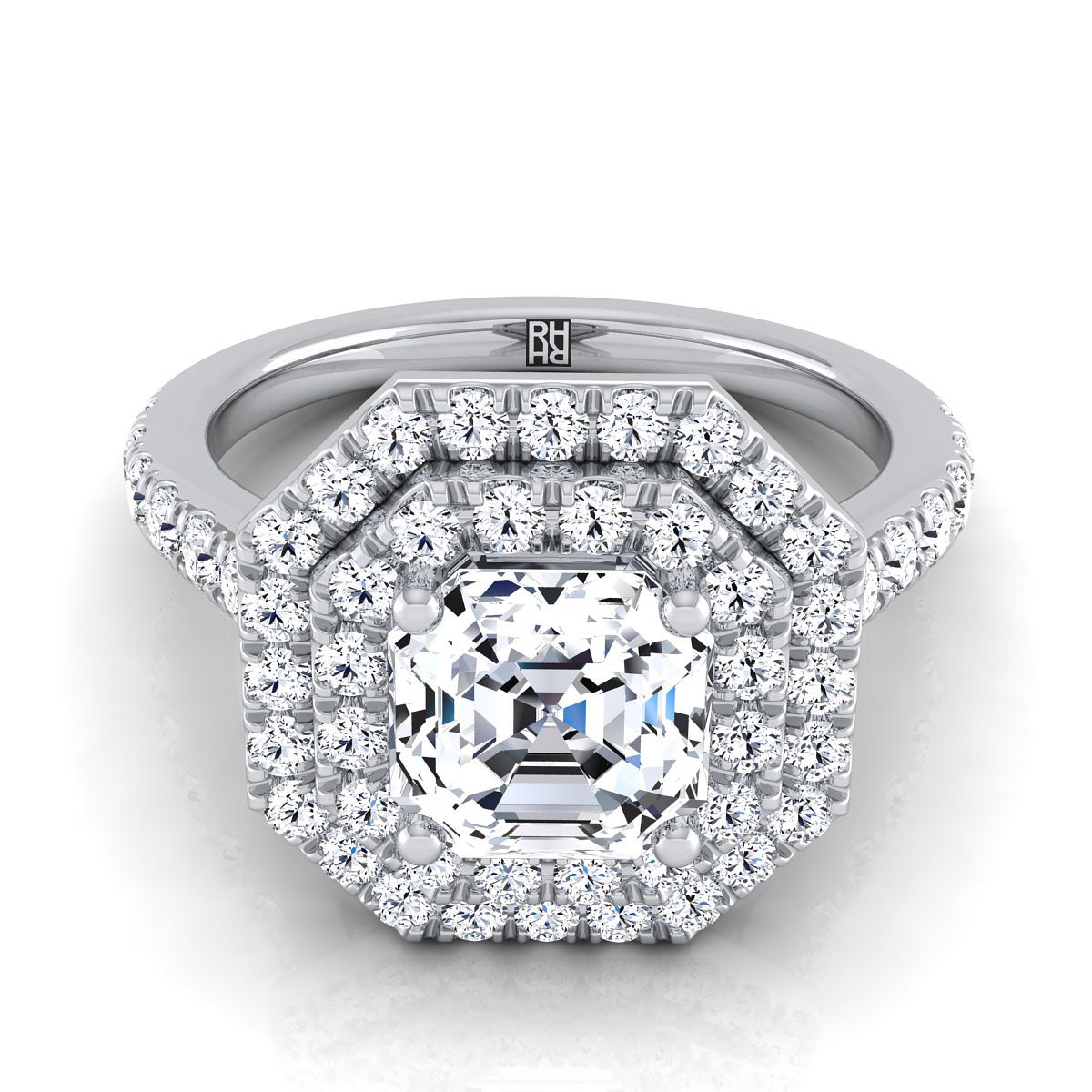 14K White Gold Asscher Cut Double Pave Halo with Linear Diamond Engagement Ring -7/8ctw