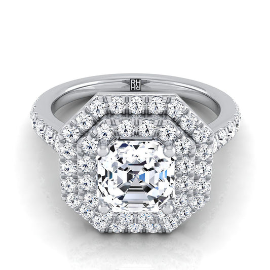 18K White Gold Asscher Cut Double Pave Halo with Linear Diamond Engagement Ring -7/8ctw